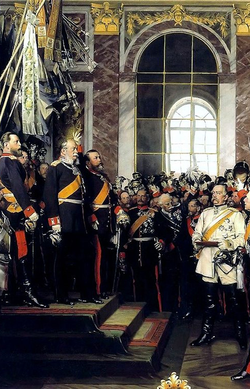 Anton von Werner's depiction of Wilhelm's proclamation as Emperor in the Hall of Mirrors in Versailles; Bismarck is in the centre-right wearing white.