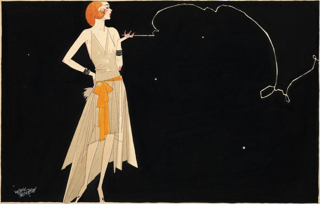 "Where there's smoke there's fire" by Russell Patterson, showing a fashionably dressed flapper in the 1920s. Public Domain: This image is available from the United States Library of Congress's Prints and Photographs division under the digital ID cph.3g05780.